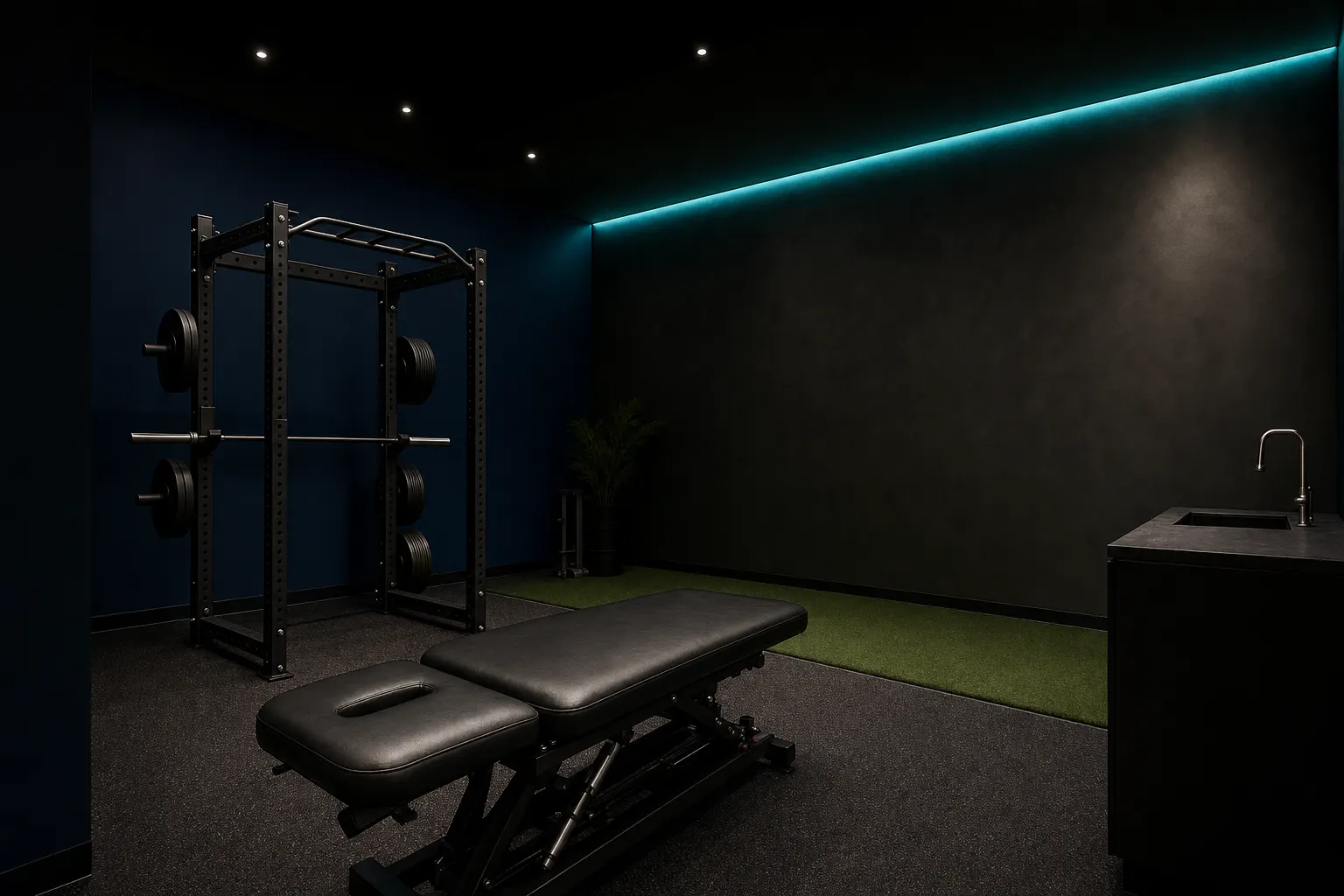 Interior of the Axis Performance studio: black treatment table, power rack, turf strip and teal cove lighting