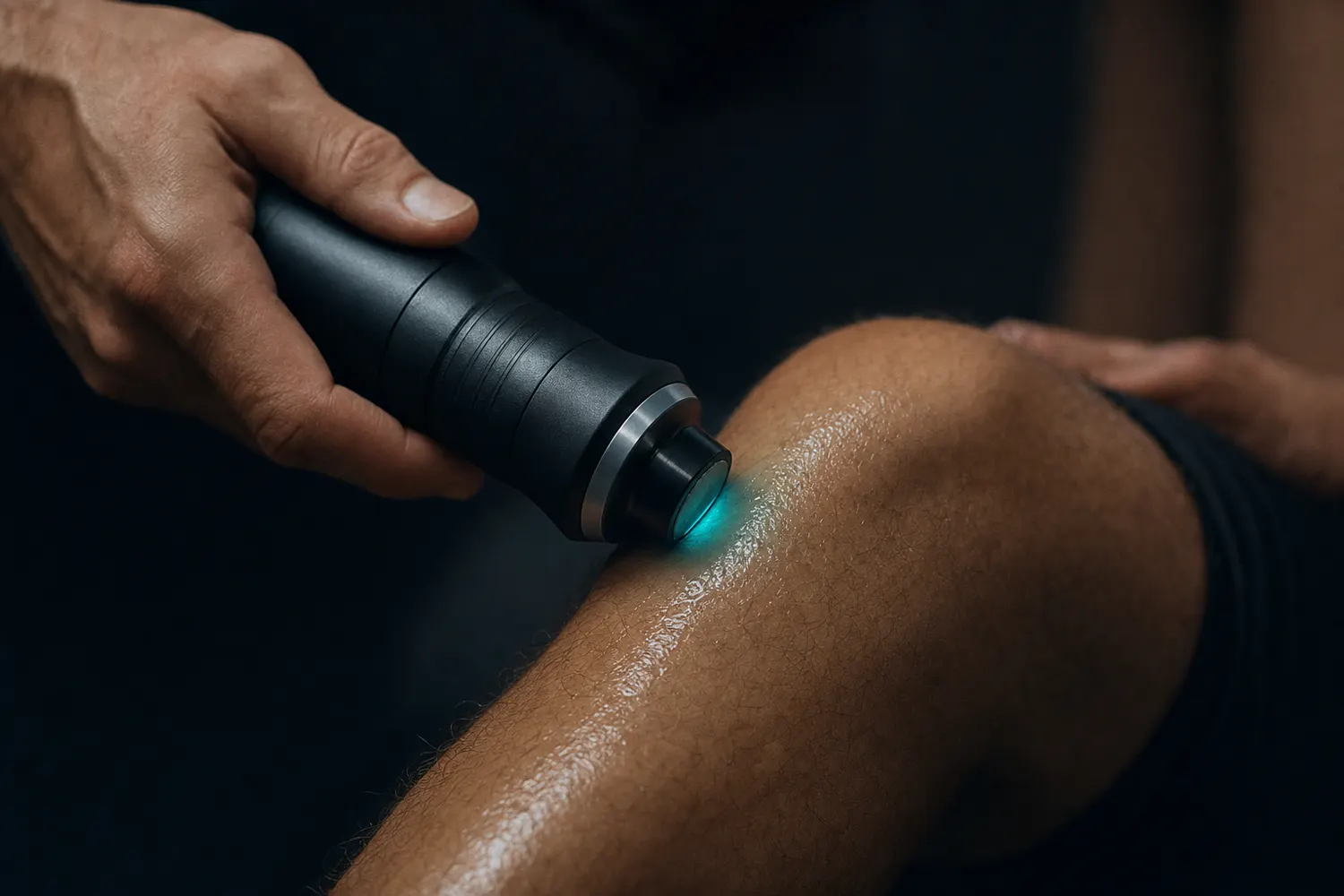 Handheld acoustic wave therapy applicator being used on a patient's knee